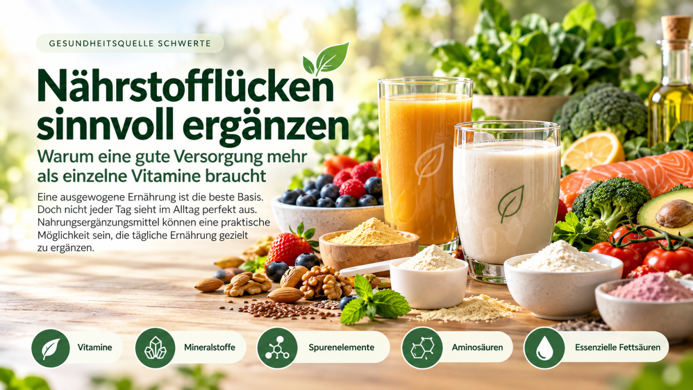 Nährstofflücken sinnvoll ergänzen Nährstofflücken sinnvoll ergänzen ist die Überschrift bei diesem Bild mit Säften, Obst, Gemüse, Fisch und Nüsse